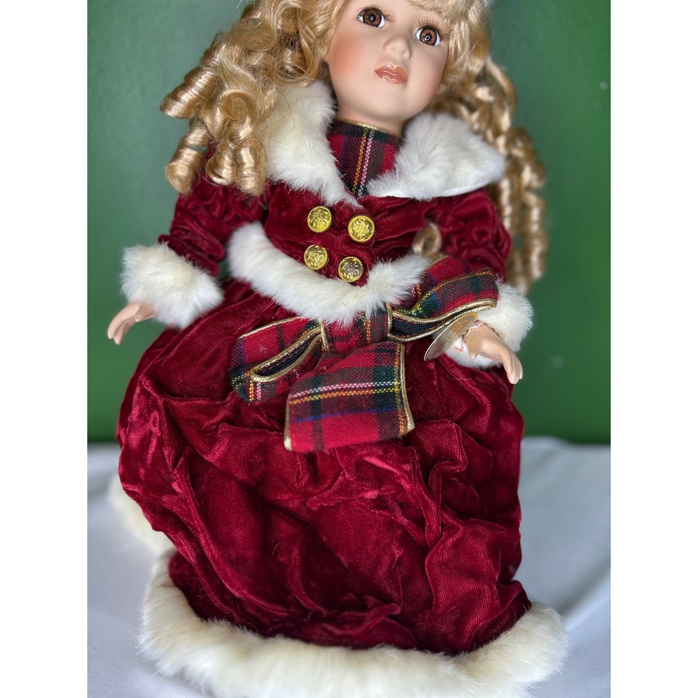 Vintage Porcelain Holiday Doll Burgundy Velvet Plaid Dress Faux Fur Trim Blonde - Picture 3 of 7